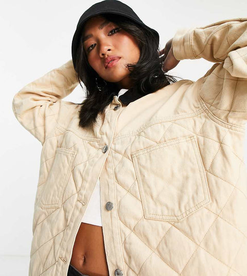 Topshop Women's Beige Petite Quilted Denim Jacket ANF2888