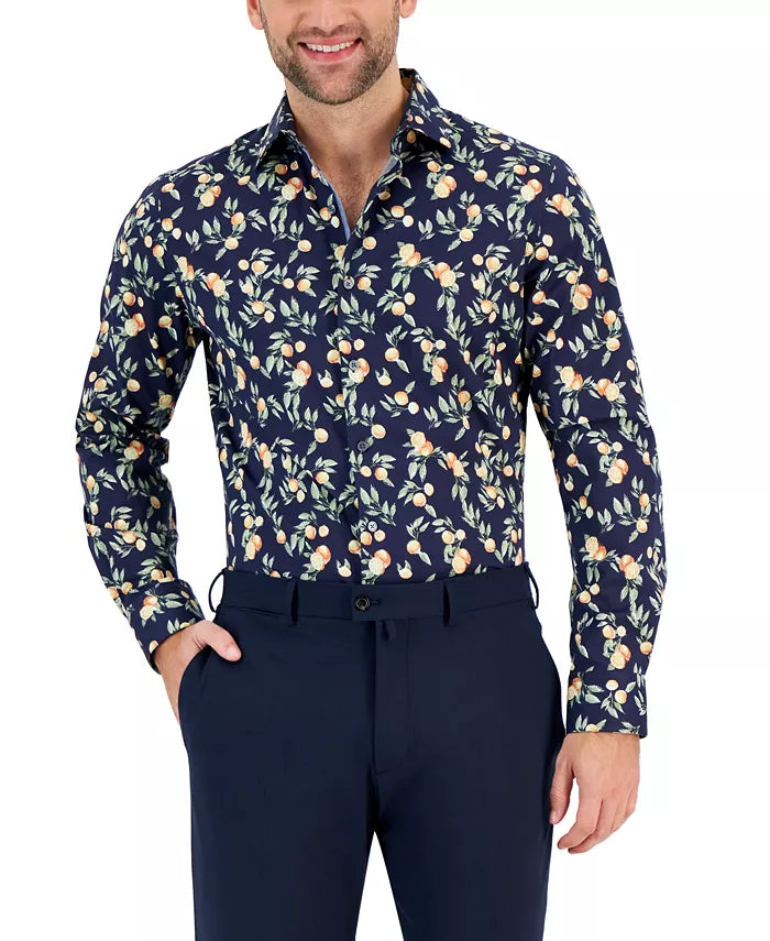 Bar III Men's Navy Slim-Fit Orange-Print Dress Shirt | Bar III In Lebanon