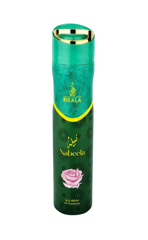Green perfume bottle with gold cap and 'Risala Nabeela' branding on a white background