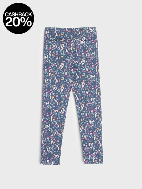 Blue leggings with colorful floral pattern on a white background