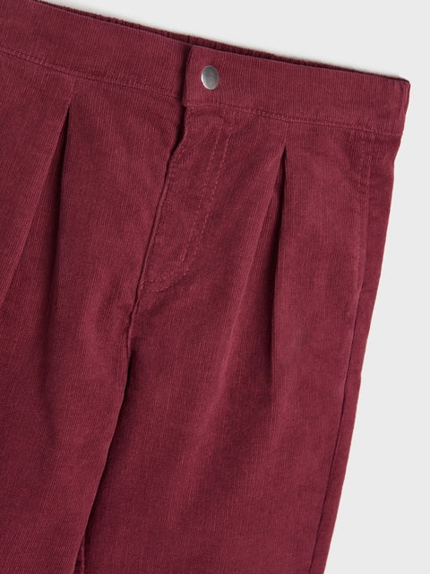 Maroon pleated pants with a button on a white background