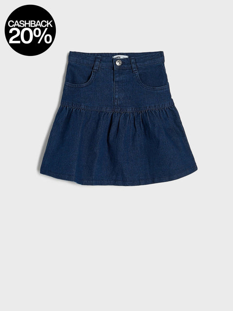 Blue denim skirt on a white background