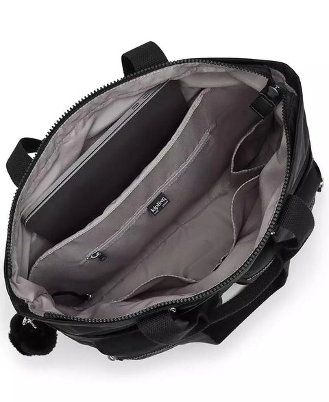 Open black backpack with gray interior on a white background