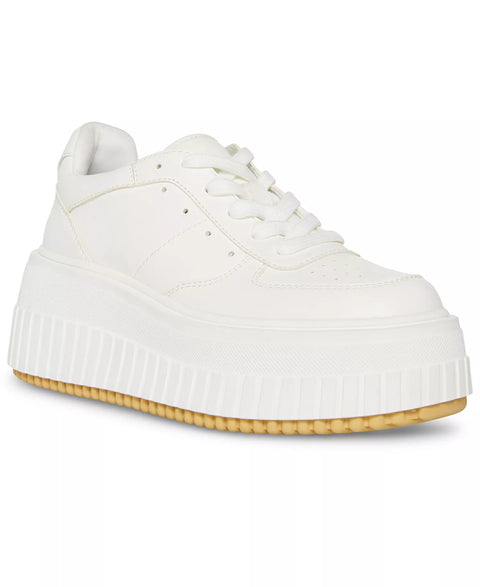 White sneaker with a thick sole on a white background