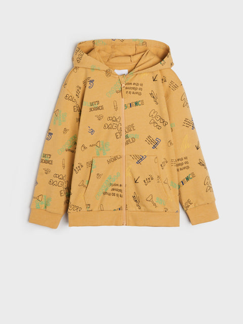 Yellow hoodie with text and graphics on a white background