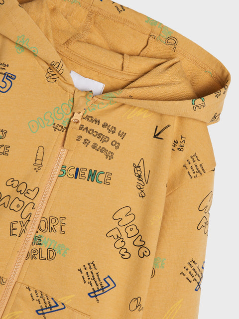 Yellow hoodie with text and graphics on a white background