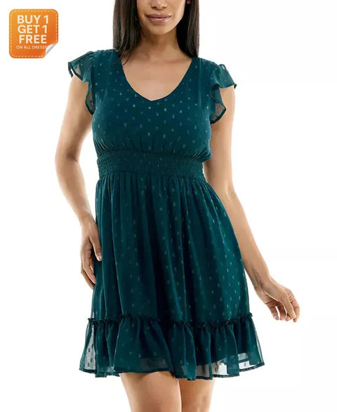 Jolt Women's Dark Green V-Neck Smocked-Waist Flutter-Sleeve Ruffle Dress | Jolt In Lebanon