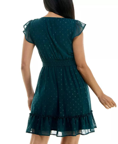 Jolt Women's Dark Green V-Neck Smocked-Waist Flutter-Sleeve Ruffle Dress | Jolt In Lebanon