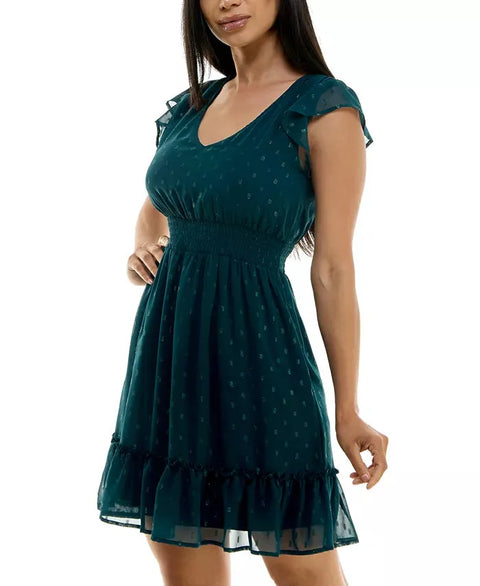 Jolt Women's Dark Green V-Neck Smocked-Waist Flutter-Sleeve Ruffle Dress | Jolt In Lebanon