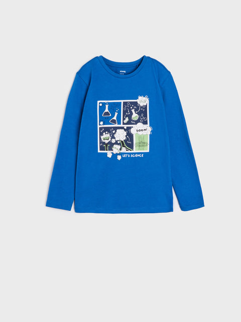 Blue long-sleeve shirt with a graphic design on a white background