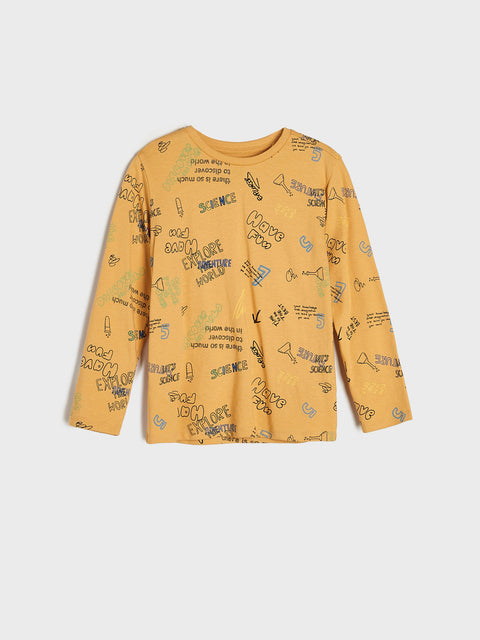 Yellow long-sleeve shirt with text and graphic design on a white background