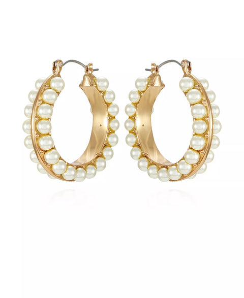 T Tahari Women's Gold-Tone Imitation Glass Pearl Hoop Earrings | T Tahari In Lebanon