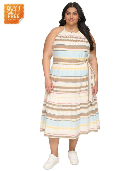 DKNY Women's Multicolor Cotton Gauze Stripe Halter-neck Midi Dress | DKNY In Lebanon