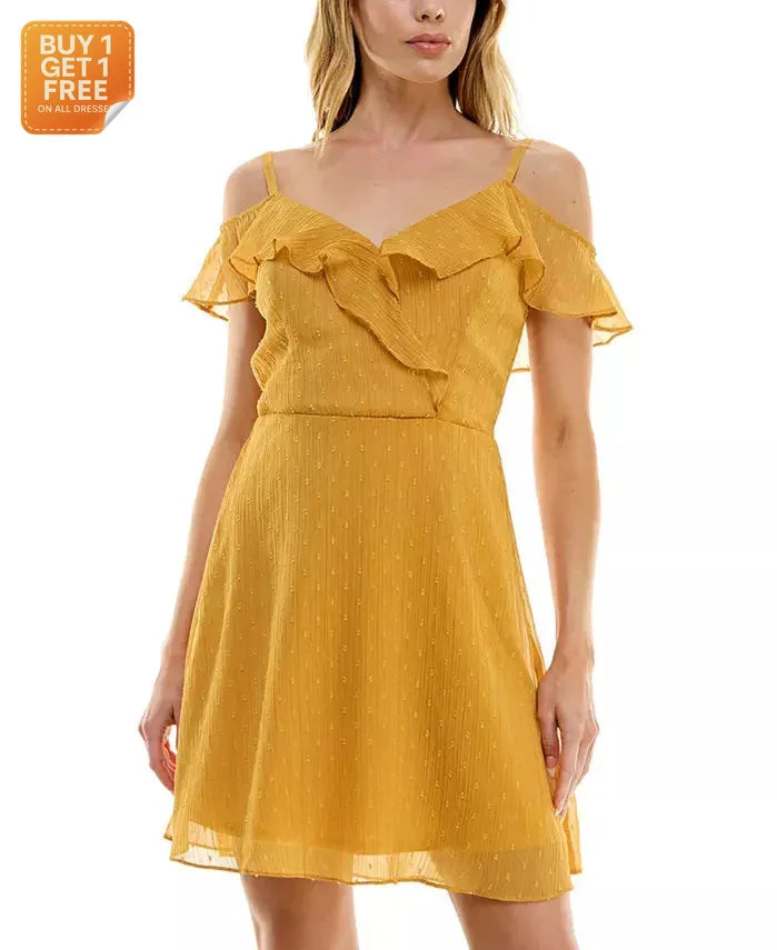 BCX Women's Mustard Ruffled Cold-Shoulder Dress | BCX In Lebanon