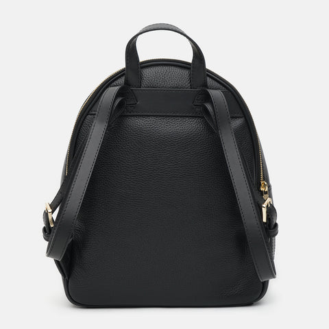 Black leather backpack on a light gray background