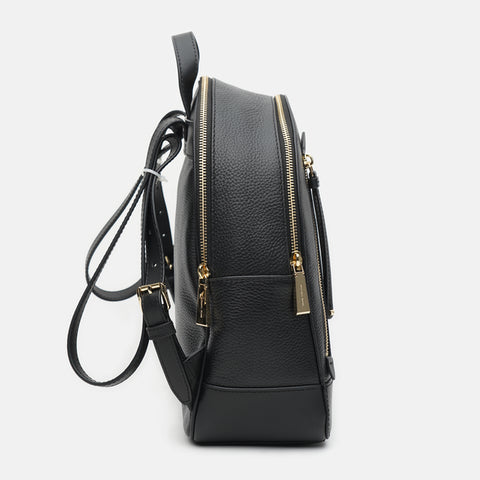Black backpack with gold zippers on a white background