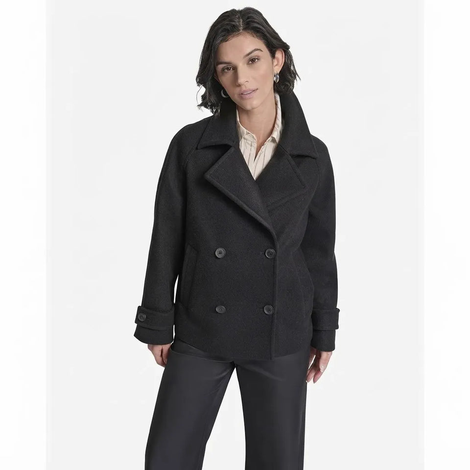 DKNY Women's Black Short Double Breasted Collared Wool Jacket