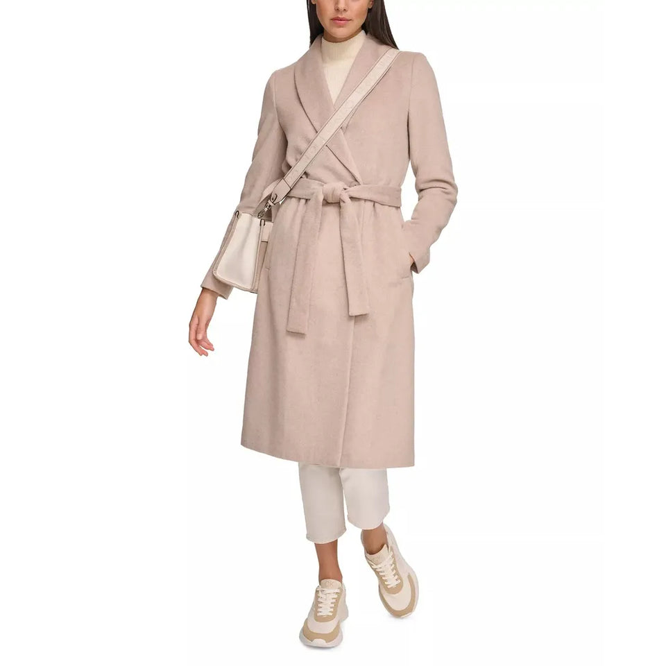 Calvin Klein Women's Tan Wool Blend Belted Wrap Coat