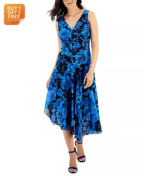 Connected Apparel Women's Blue Printed Clip Dot Asymmetric Midi Dress | Connected Apparel In Lebanon