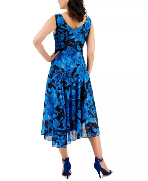 Connected Apparel Women's Blue Printed Clip Dot Asymmetric Midi Dress | Connected Apparel In Lebanon