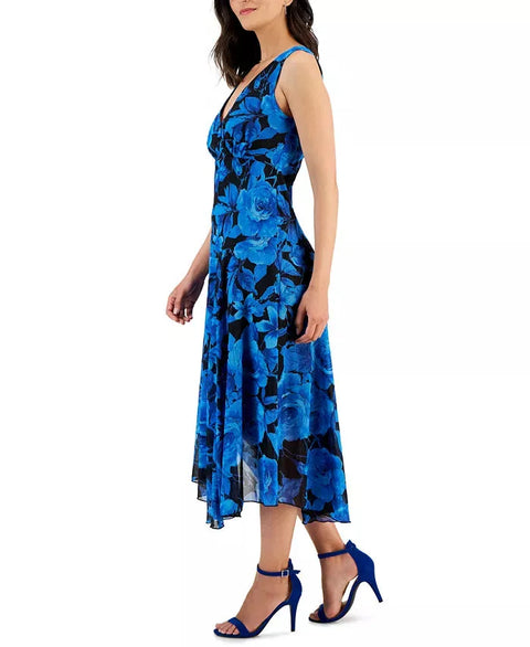 Connected Apparel Women's Blue Printed Clip Dot Asymmetric Midi Dress | Connected Apparel In Lebanon