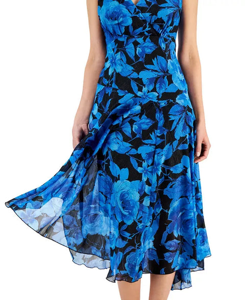 Connected Apparel Women's Blue Printed Clip Dot Asymmetric Midi Dress | Connected Apparel In Lebanon