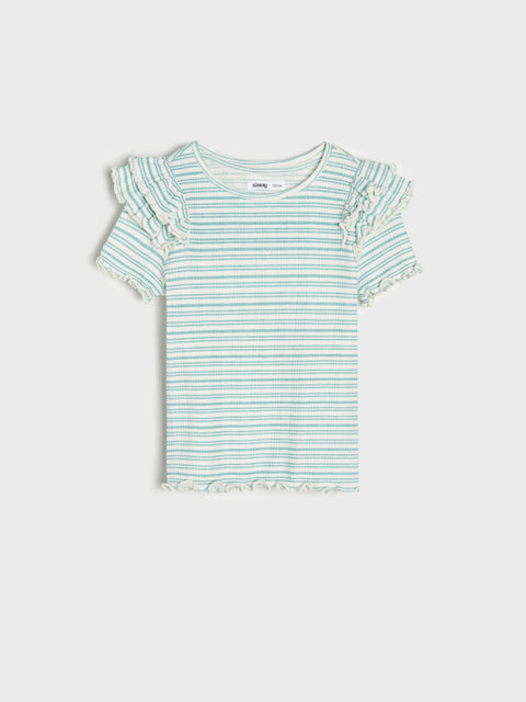 Green and white striped t-shirt with ruffled sleeves on a light gray background