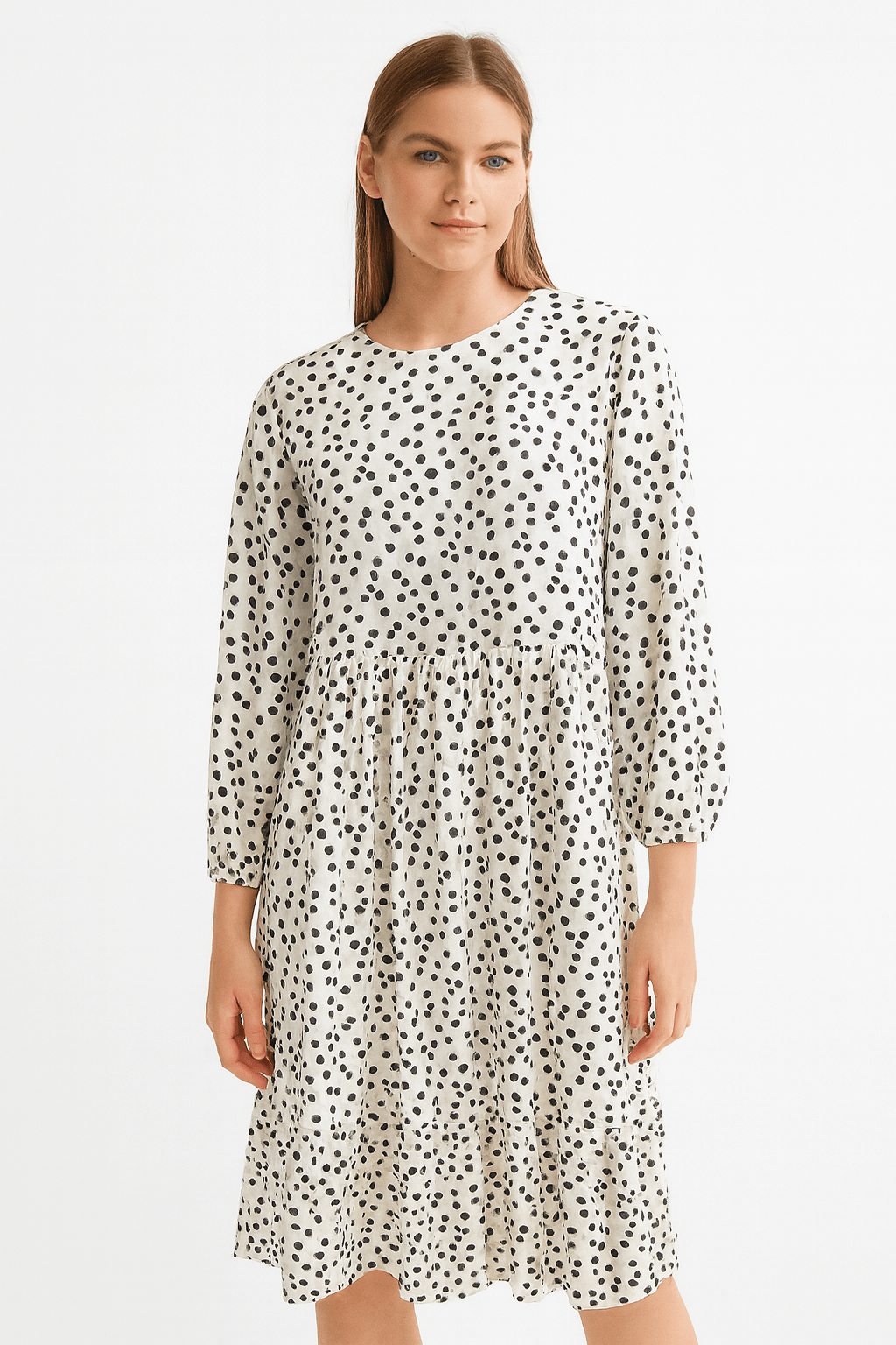 Fresh Made Women's White & Black Dotted 3/4 Sleeves Dress | Fresh Made  In Lebanon