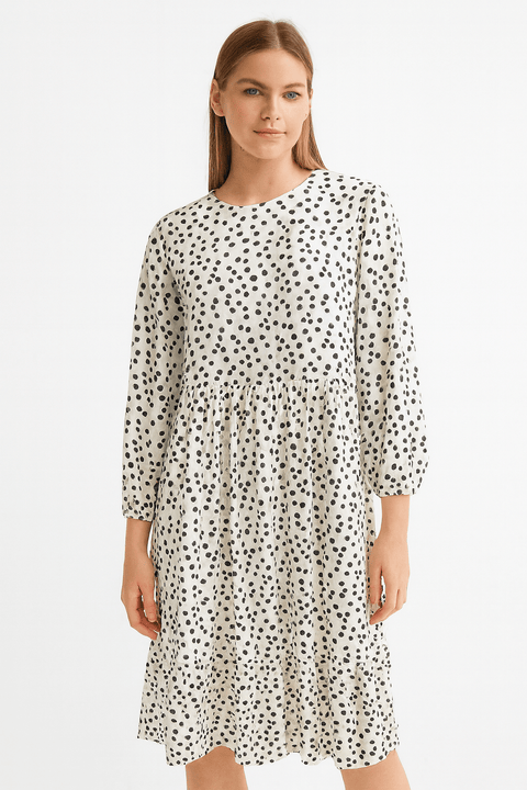 Fresh Made Women's White & Black Dotted 3/4 Sleeves Dress | Fresh Made  In Lebanon