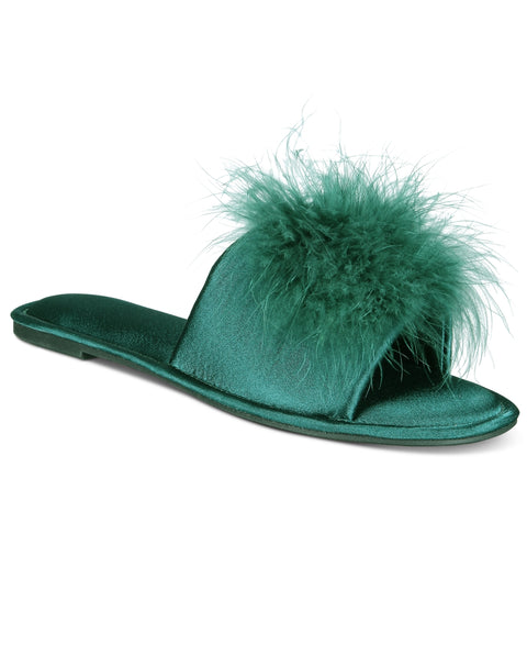 I.N.C. International Concepts Women's Green Satin Pom Slide Slippers|I.N.C. International Concepts  in Lebanon