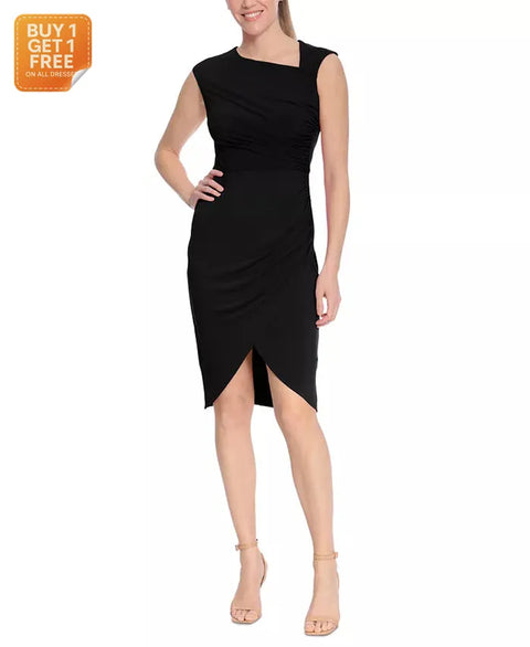 London Times Women's Black Petite Asymmetrical-Neck Ruched Sheath Dress |London Times In Lebanon