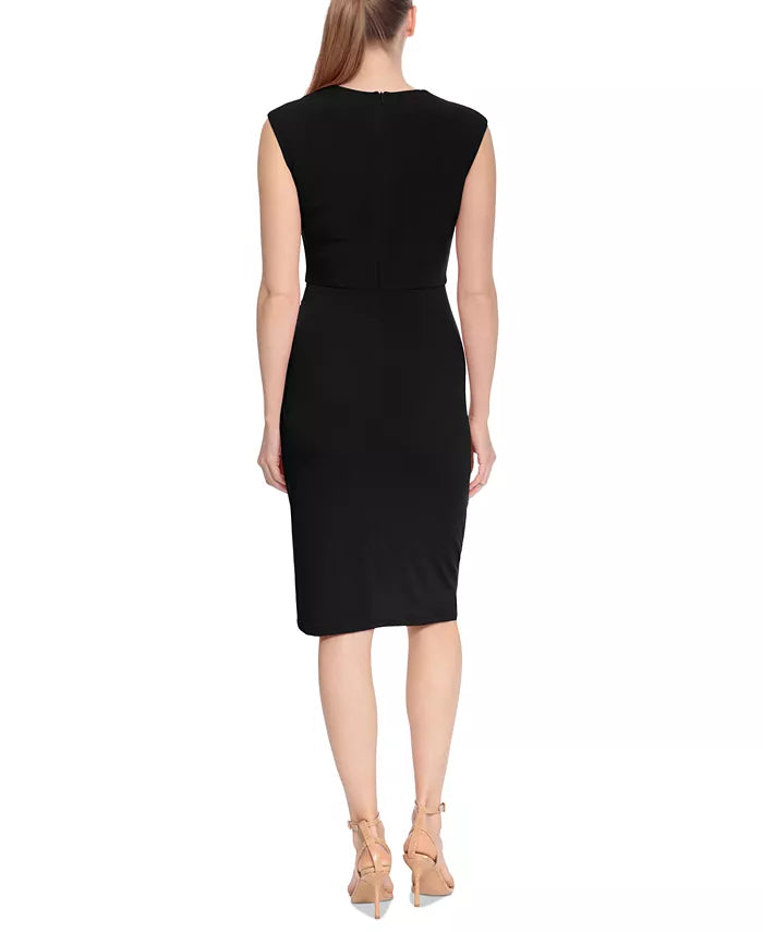 London Times Women's Black Petite Asymmetrical-Neck Ruched Sheath Dress |London Times In Lebanon
