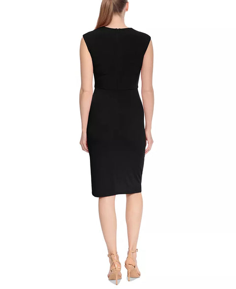 London Times Women's Black Petite Asymmetrical-Neck Ruched Sheath Dress |London Times In Lebanon