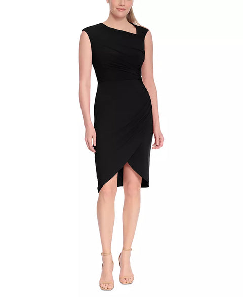 London Times Women's Black Petite Asymmetrical-Neck Ruched Sheath Dress |London Times In Lebanon