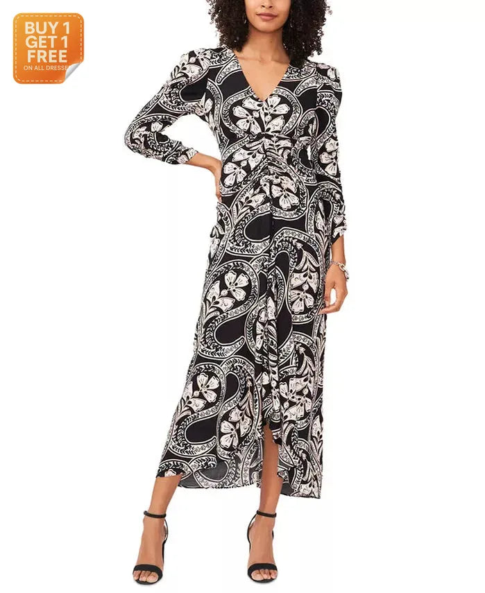 MSK Women's Black Printed Ruched Maxi Dress | MSK In Lebanon
