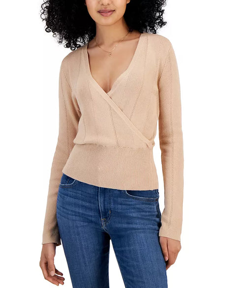 Hippie Rose Women's Beige Surplice-Neck Ribbed-Hem Blouse | Hippie Rose In Lebanon