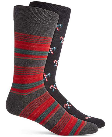 Two pairs of socks, one with red and gray stripes and the other with candy cane designs, on a white background.