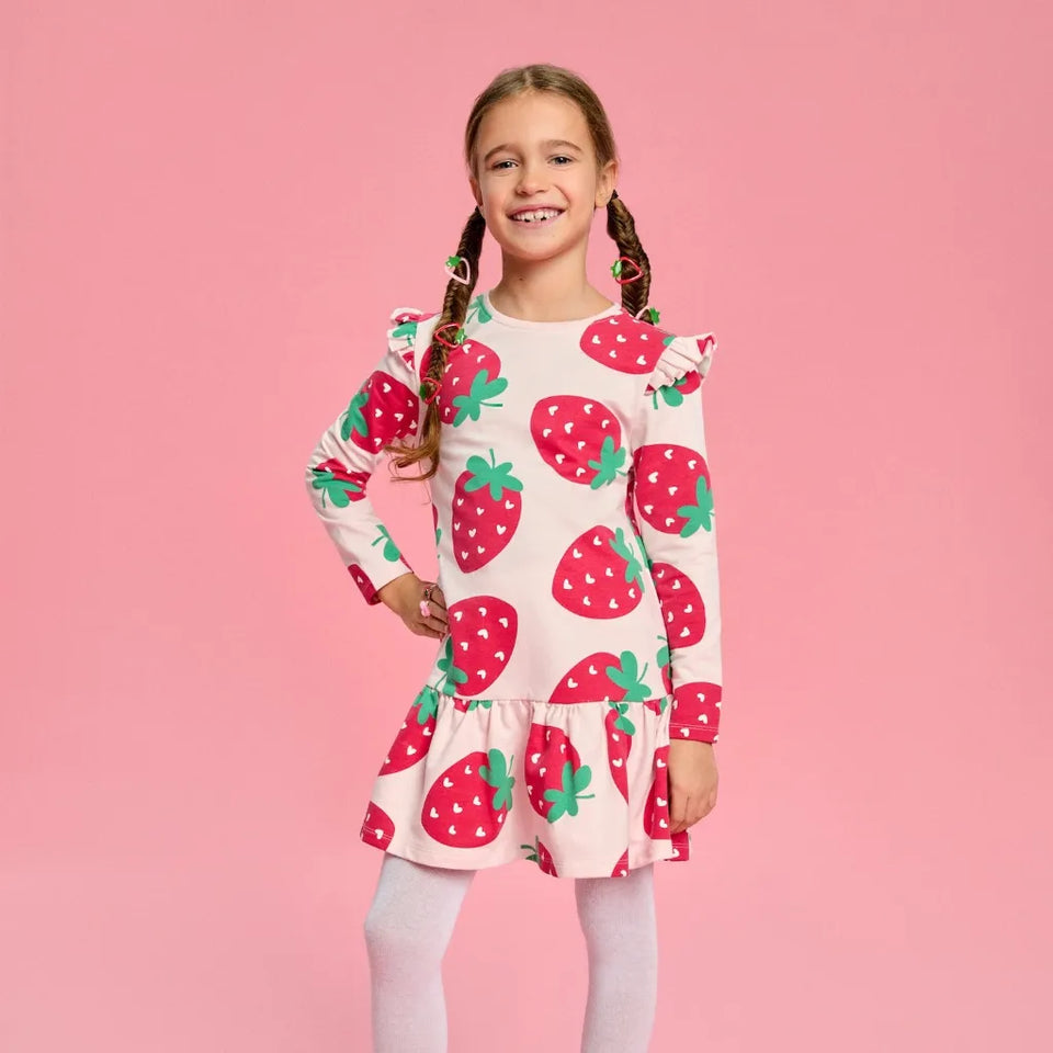 Sinsay Girl's Pink Long Sleeve Strawberry Printed Dress