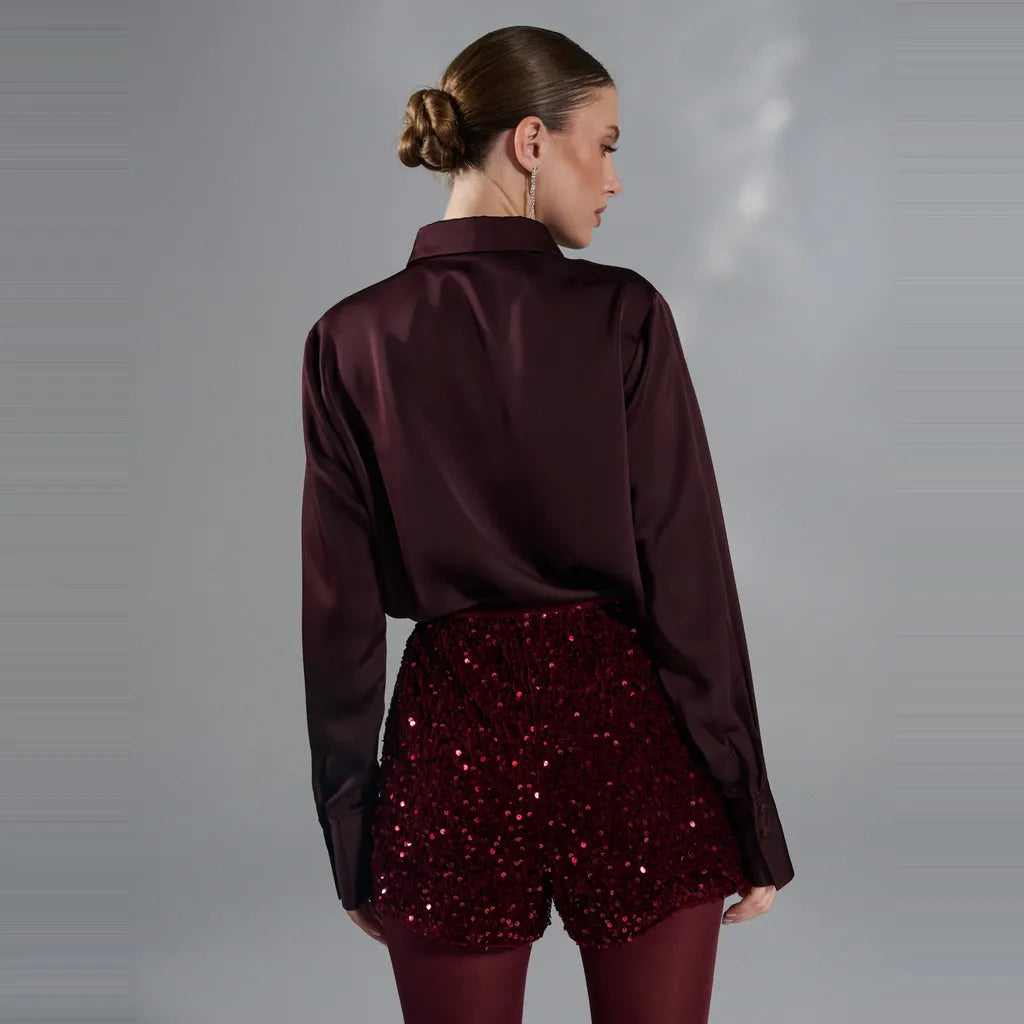 Sinsay Women's Burgundy Satin Button-Down Chest Flap Pocket Shirt