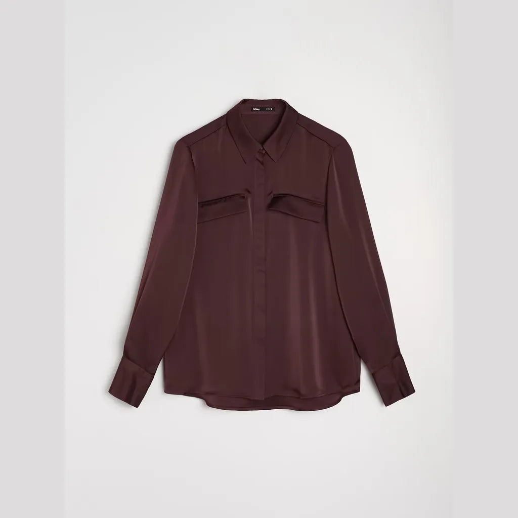 Sinsay Women's Burgundy Satin Button-Down Chest Flap Pocket Shirt