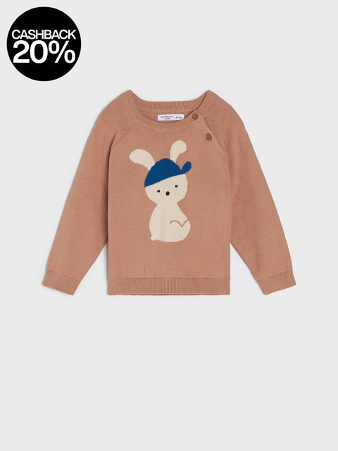 Brown sweater with a cartoon bunny wearing a blue hat on a white background