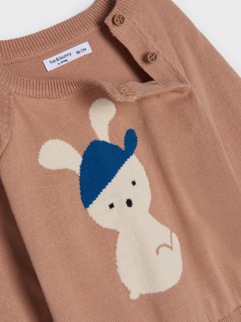 Brown sweater with a white bear design wearing a blue hat on a white background