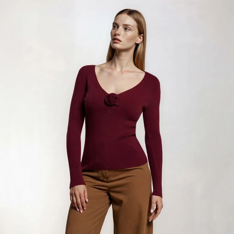 Sinsay Women's Burgundy V-Neck Sweater
