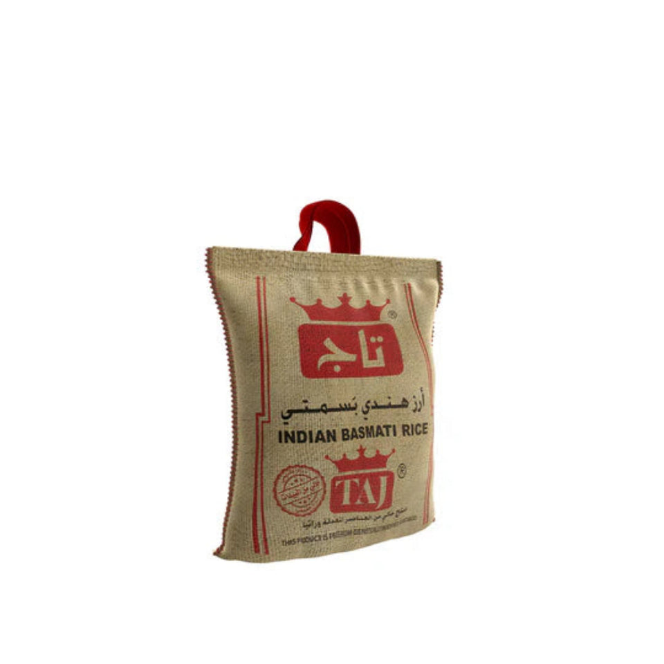 A beige colored jute bag of Taj Red Jute Indian Basmati Rice with a red handle and printed branding and text.