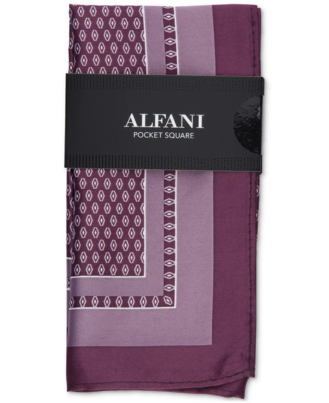 Purple patterned pocket square with Alfani branding on a white background