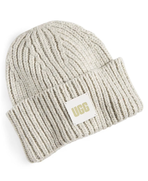 UGG Women's Light Grey Chunky Rib-Knit Logo-Patch Beanie | UGG In Lebanon