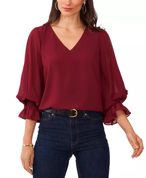 Vince Camuto Women's Burgundy V-Neck Blouson Sleeve Blouse |Vince Camuto In Lebanon
