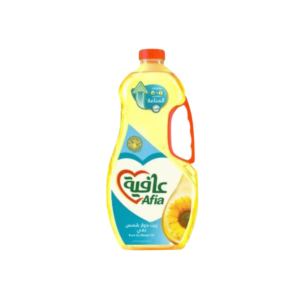 A plastic bottle of Afia Pure Sunflower Oil with a label showing a sunflower and the brand logo.