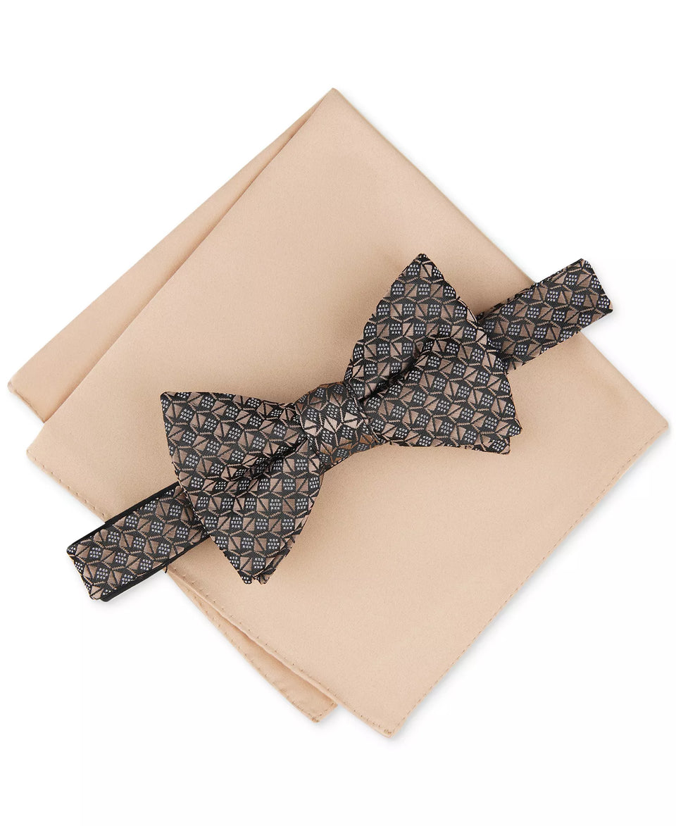 Alfaini Men's Taupe Beaver Geo-Print Bow Tie & Pocket Square Set | AlfainiIn Lebanon