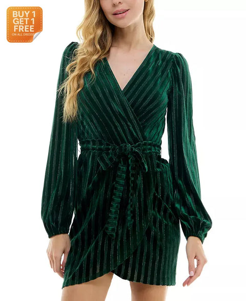 City Studios Women's Glitter Long-Sleeve Velvet Wrap Dress |City Studios In Lebanon